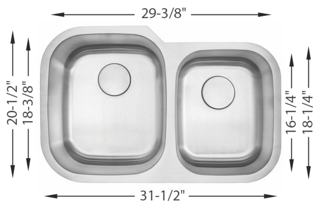 1-3/4 Double Bowl Kitchen Sink   31-7/16"x20-7/16"	9" & 7-1/2"  Depth 18G L-201