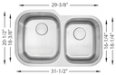 1-3/4 Double Bowl Kitchen Sink   31-7/16"x20-7/16"	9" & 7-1/2"  Depth 18G L-201