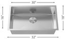 Single Bowl Kitchen Sink R10  32"x18"  9" Depth 18G  L-UZ105X