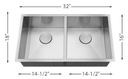 Double Equal Bowl Kitchen Sink 32"x18" 9" Depth 18G L-UZ202X-ZR
