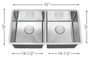Double Equal Bowl Kitchen Sink R10 32"x18" 9" Depth 18G L-UZ202X