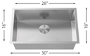 Single Bowl Kitchen Sink  30"x18" 10" Depth 16G L-CZ105X-30ZR